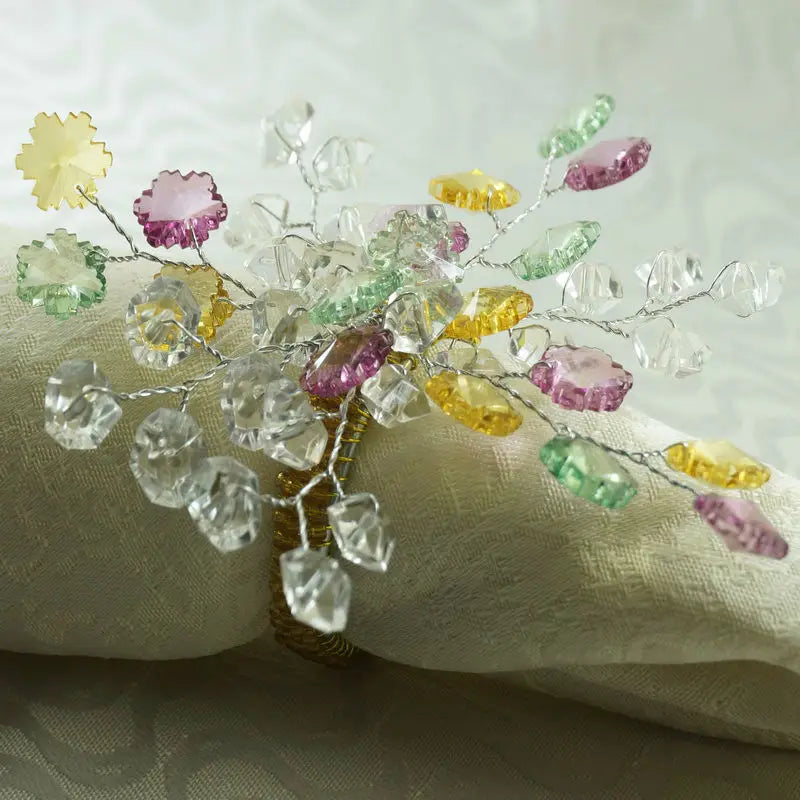 Beautiful Crystal Flower Napkin Rings With Glass Beads Decoration - 10 Pcs
