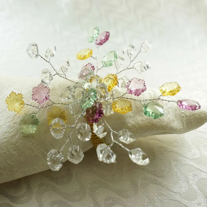 Beautiful Crystal Flower Napkin Rings With Glass Beads Decoration - 10 Pcs