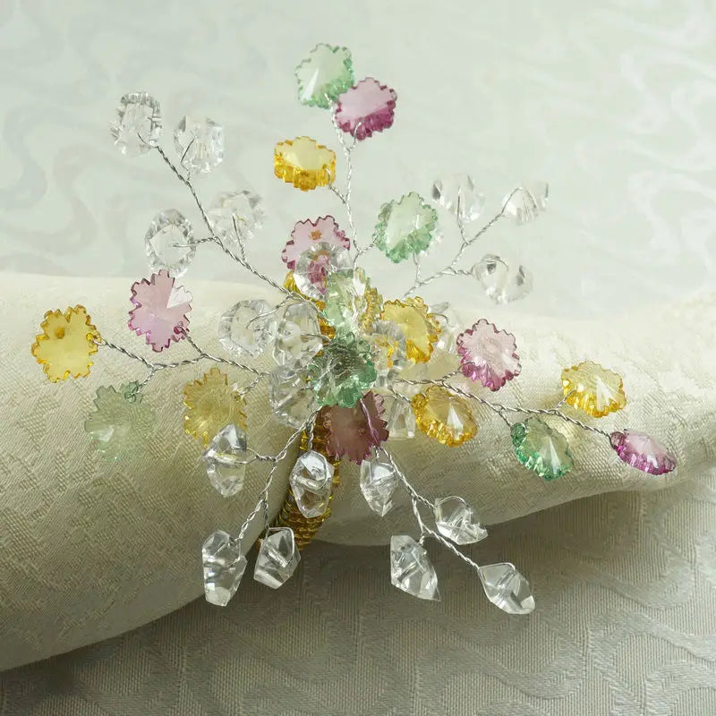 Beautiful Crystal Flower Napkin Rings With Glass Beads Decoration - 10 Pcs