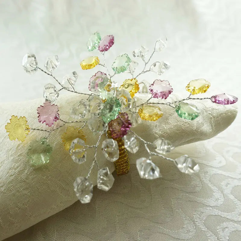 Beautiful Crystal Flower Napkin Rings With Glass Beads Decoration - 10 Pcs