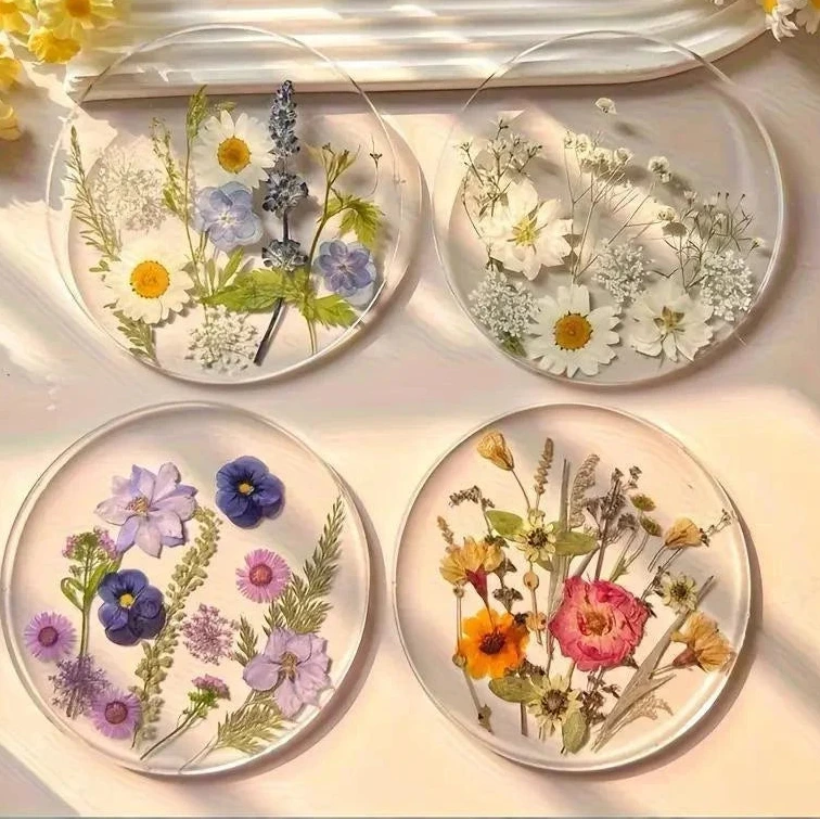 Pressed Flower Resin Coasters Set-4pcs, Individual Colors
